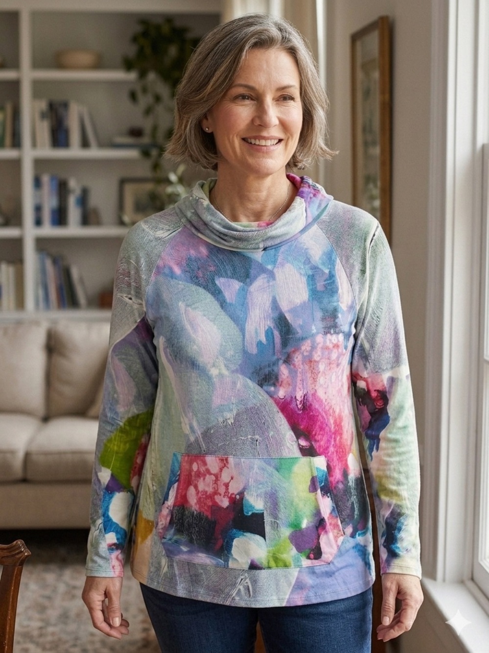 Claire Desjardins Abstract Art Print Cowl Neck Pullover with Kangaroo Pocket XL
